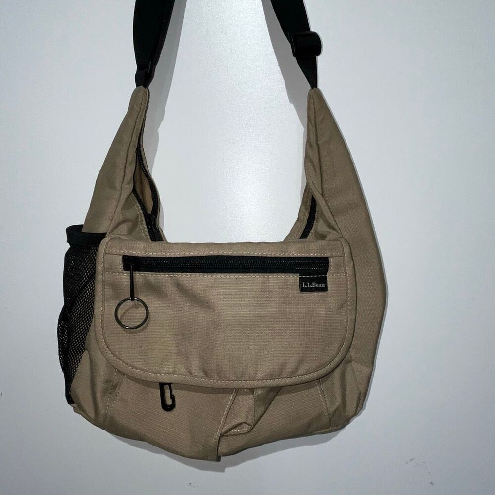 LL Bean Tan Ripstop Nylon Sling Crossbody Bag Mesh Pocket Khaki Gorpcore Utility